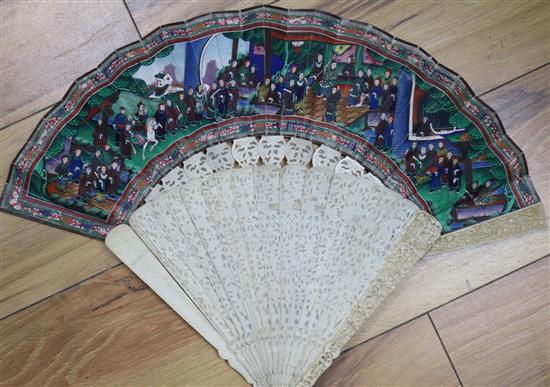 Two 19th century Canton ivory fans; one brise, the other with gouache painted leaf 24cm, 28cm